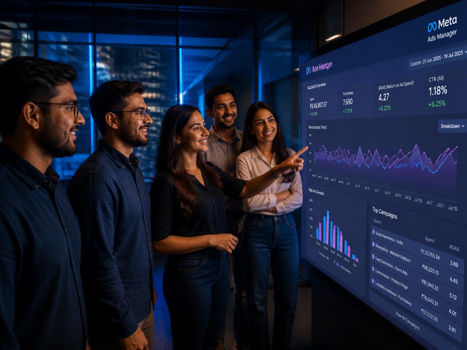 Indian digital marketing agency team reviewing Meta Ads analytics dashboard